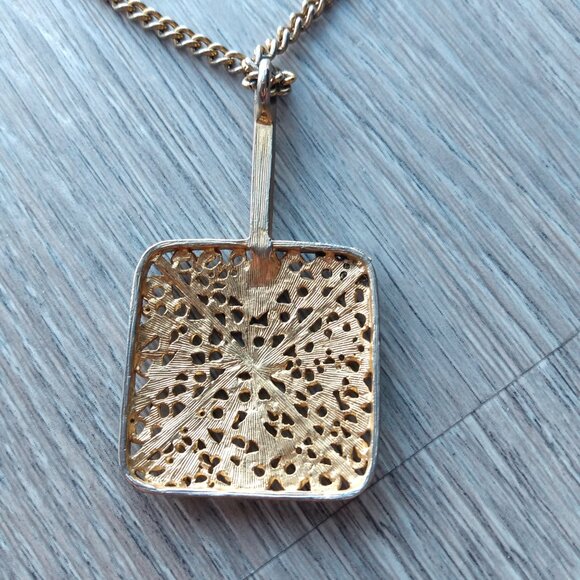 Vintage Openwork Square Pendant Necklace Double Chain Retro Jewelry - Picture 5 of 10